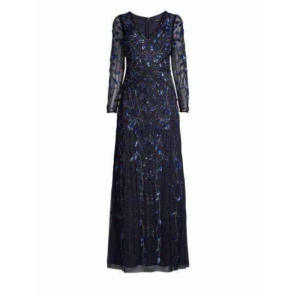 New! AIDAN MATTOX Women's Sequined Beaded Dress Gown Color Blue Long Sleeve - Picture 8 of 8